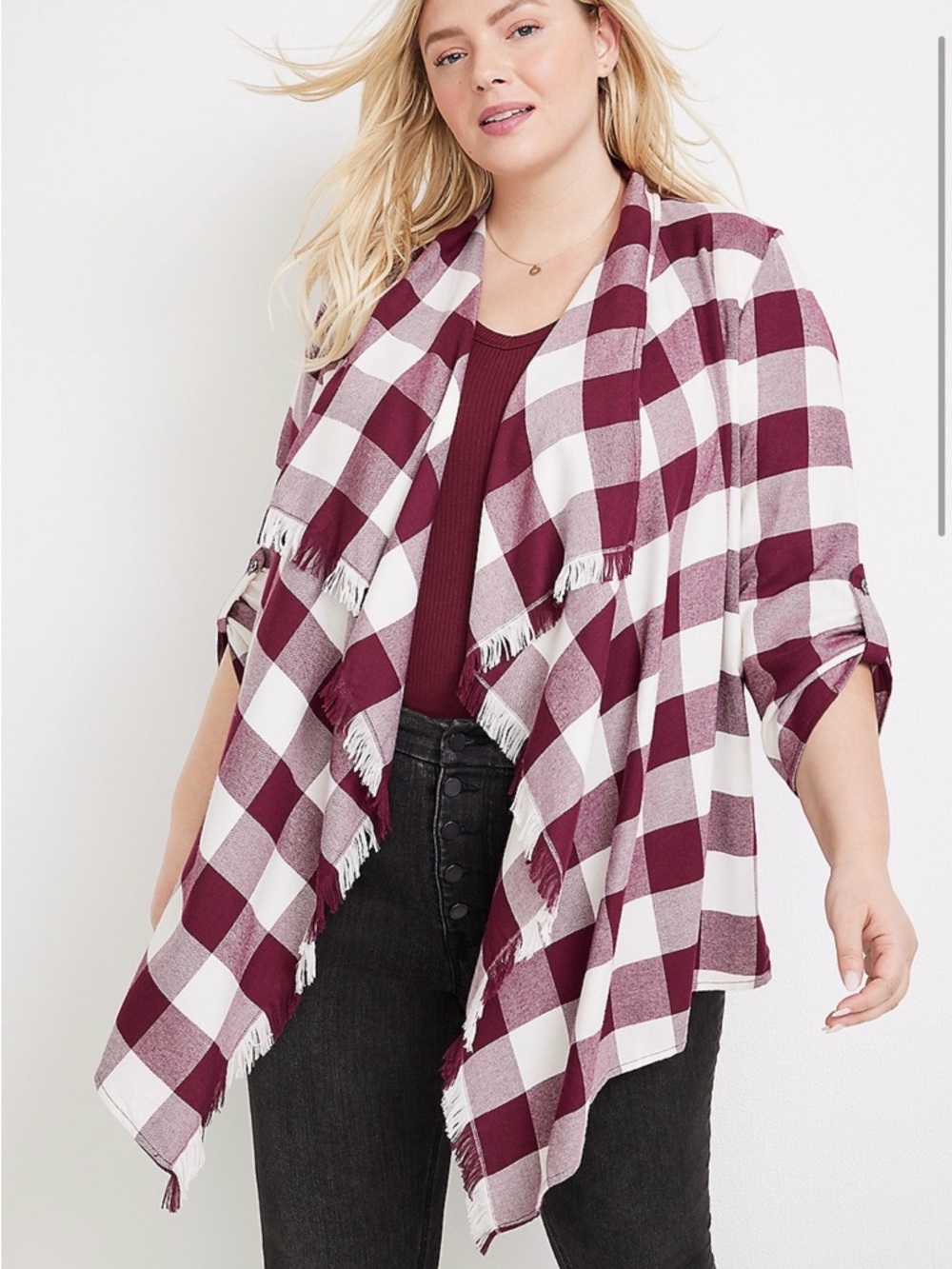 Maurices Maroon Knit Top plaid cardigan top fray collar Soft Fall Spring L NWT